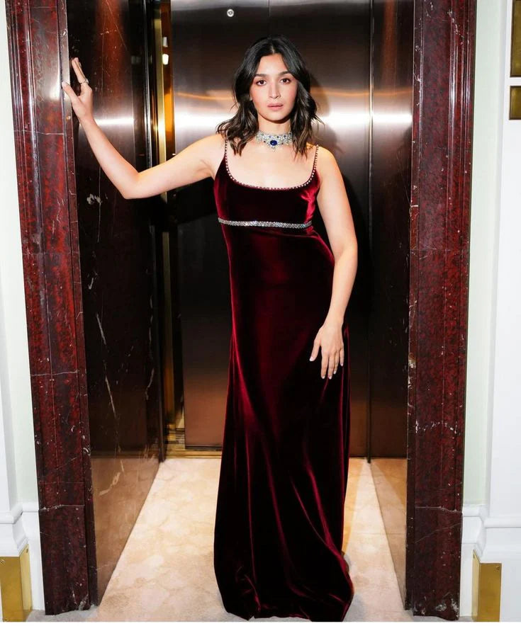 Aliya Bhatt Maroon colour Velvet Gown